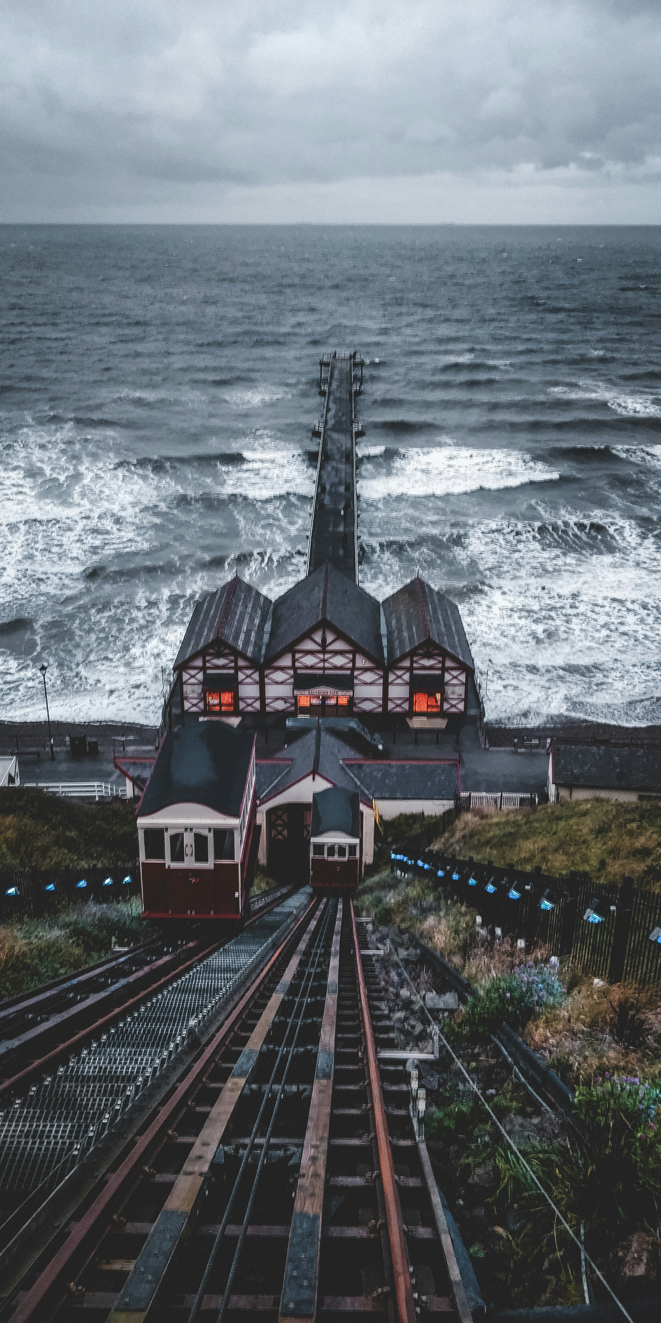 Saltburn Cliff Lift descending to Saltburn Pier and the North Sea in Saltburn-by-the-Sea, North Yorkshire
